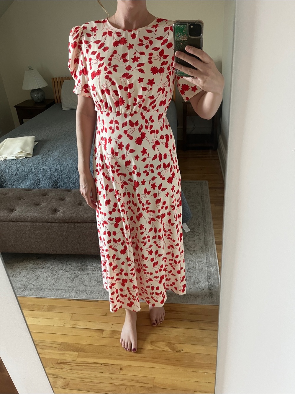 Women's Cream Dress with Red Floral Print